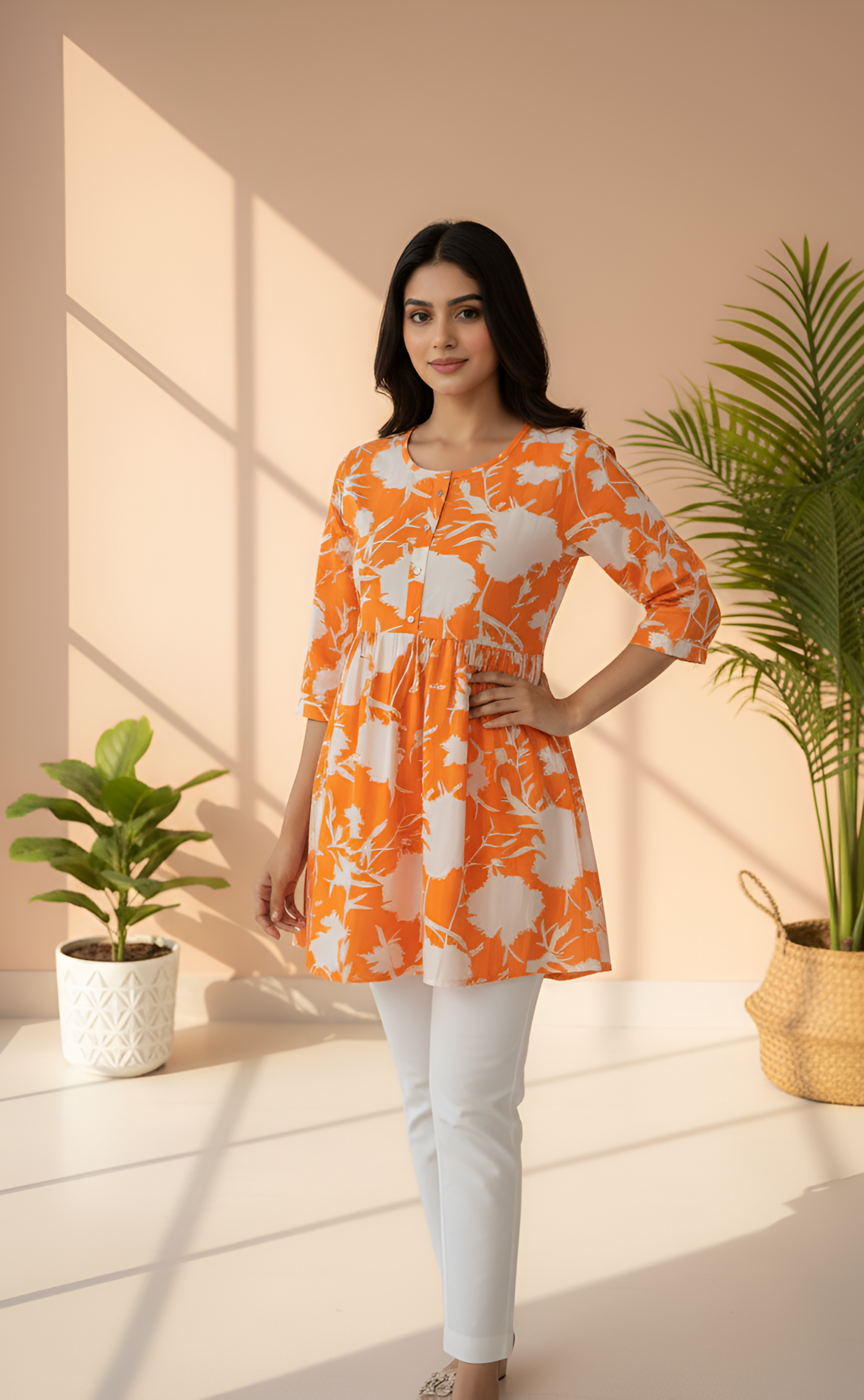 The Orange & White Floral Frock for Women