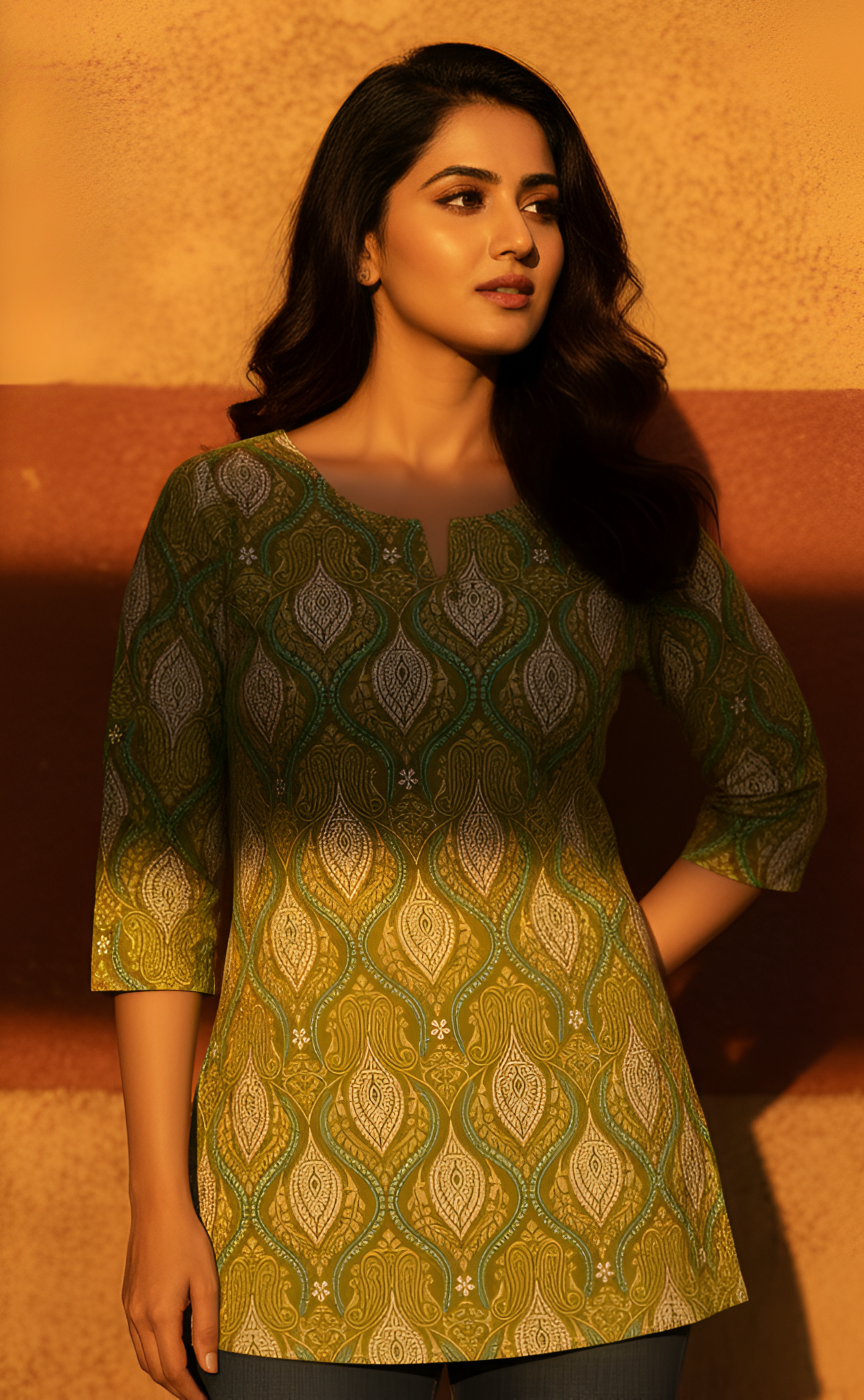 Floral Green Short Kurti For Women