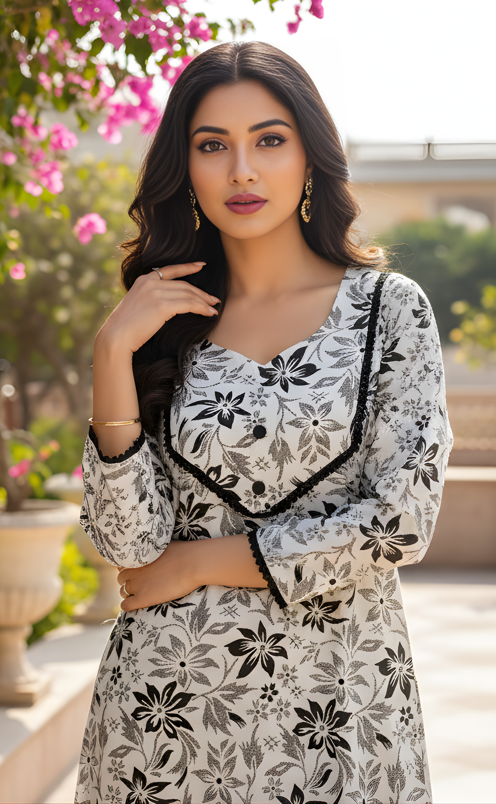 Monochrome Floral Kurti Dress