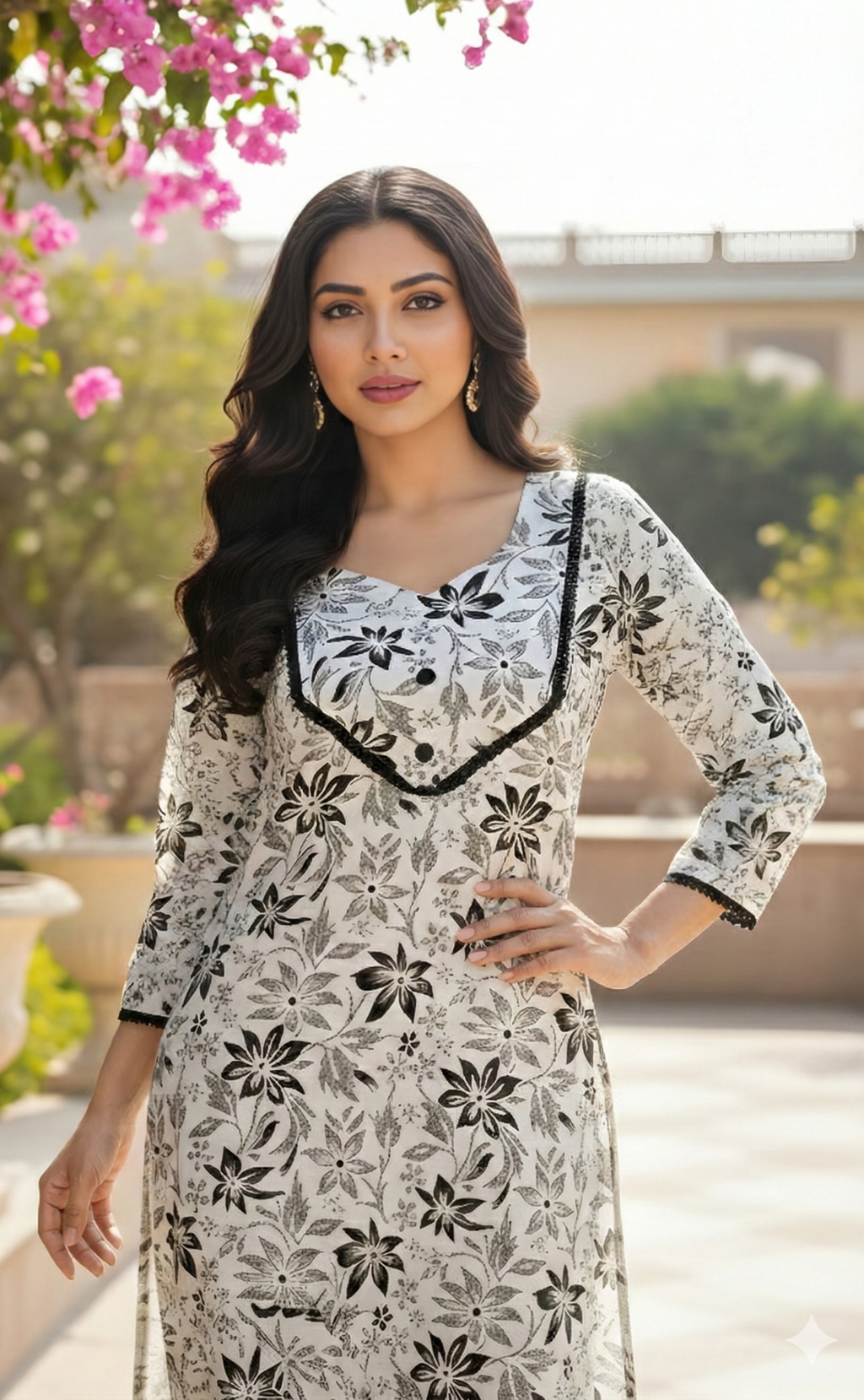 Monochrome Floral Kurti Dress